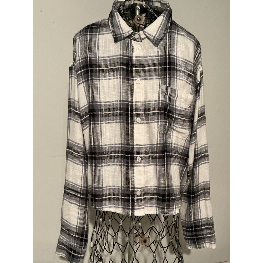 Pink Victorias Secret Plaid Flannel Shirt Womens Medium Cropped Black White Grey